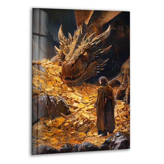 Avaricious golden dragon, the central subject of the Golden Dragon Treasure Guardian, hoards its treasure in this epic fantasy glass wall art for home decor.