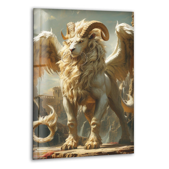 Vibrant chimera glass wall art prints showcasing a mythical creature with intricate detailing on durable, high-quality glass.