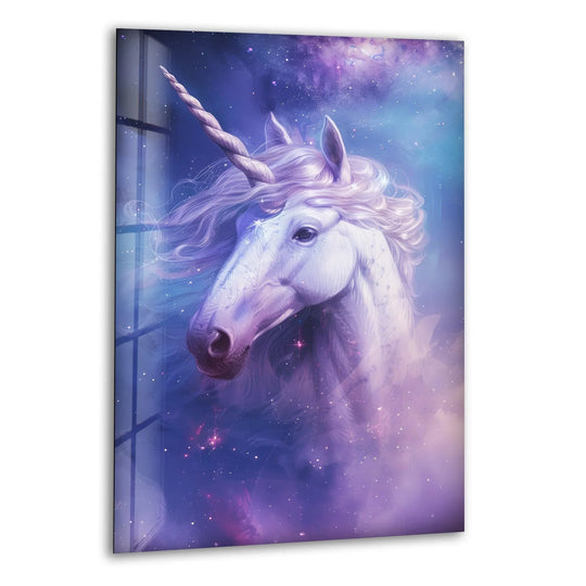 A serene lilac unicorn rests with a mystical cosmic background, a perfect piece of home decoration.