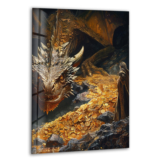 Vertical rectangular fantasy glass wall art shows a dragon with its golden hoard, offering captivating home decor.