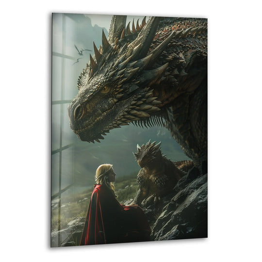 Revealing depth and layers, this fantasy Dragon Mother and Hatchling scene is depicted as striking glass wall artwork with impressive detail and dimension.