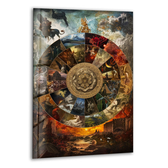 A majestic landscape unfolds behind a circular mosaic, featuring cloudy skies, rugged mountains, and a grand castle on a hill, part of this tempered glass wall art.