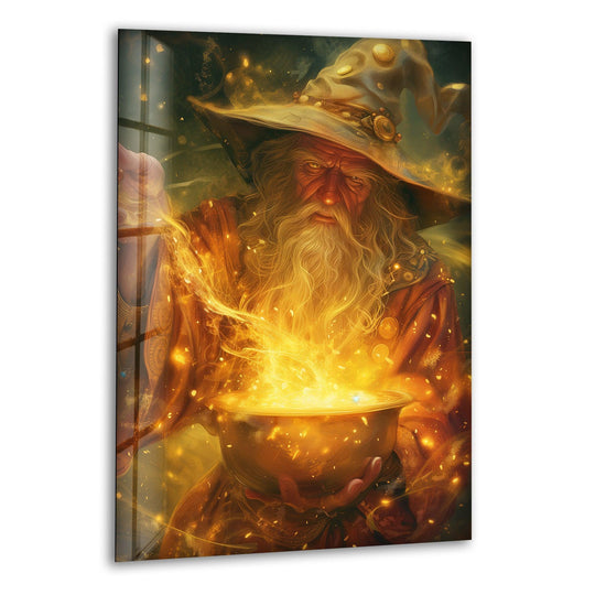 A mystical, dark background with faint glowing orbs complements the magical wizard's study glass wall art.