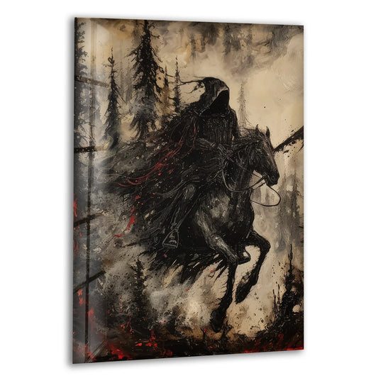 Showcasing the abstract quality, this dark forest rider fantasy glass wall art presents a unique modern wall decor piece with bold ink style and captivating movement.