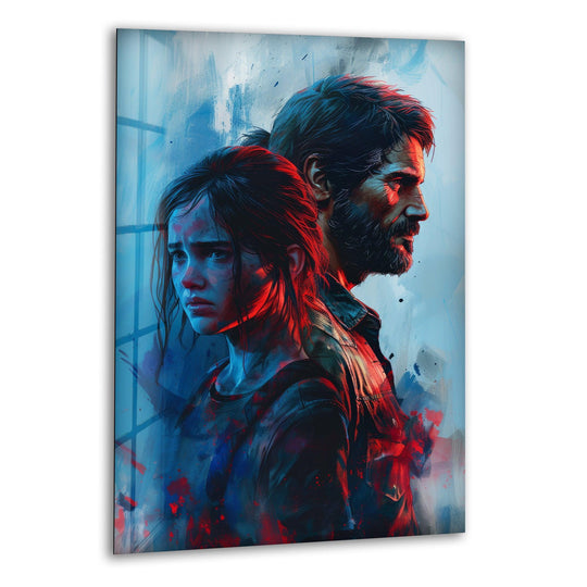 Captured in print wall art, the emotional duo portrait in blue and red contrast highlights the intensity of the glass wall art's modern design.