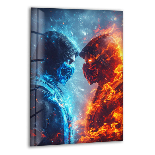 Video Game glass wall art with blue and red contrast and Mortal Kombat theme plus Sub Zero vs Scorpion subject and gaming wall art