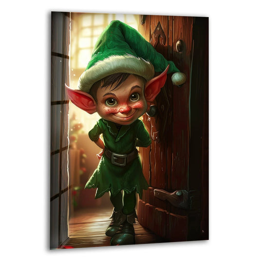 A cheerful Noel Elf in a green hat peeks from a wooden door, rendered on high-quality art from glass.