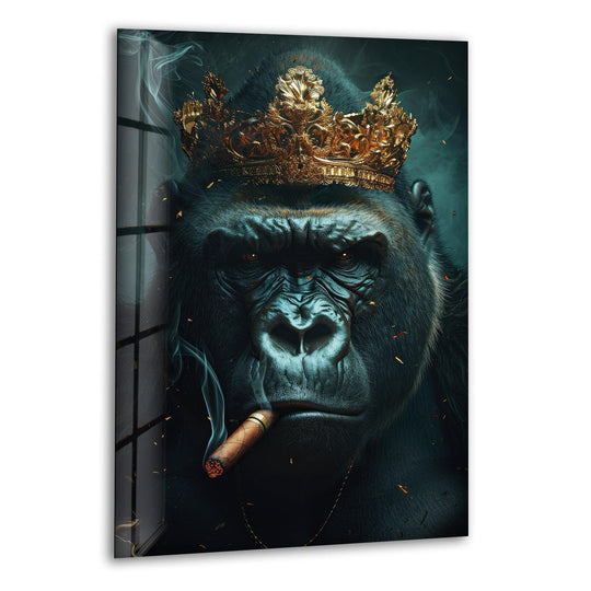 A regal gorilla in a golden crown and smoking a cigar exudes a powerful and moody vibe on this striking glass wall artwork.