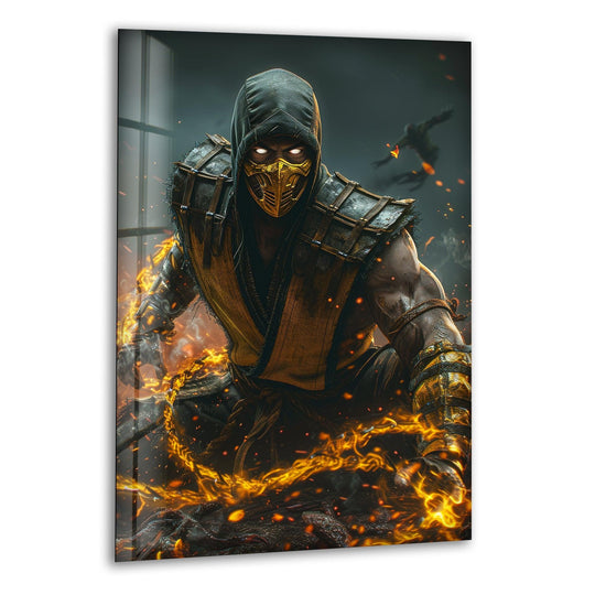 Tempered surface texture reveals the intense masked fire warrior with chains of fire in this dynamic wall art prints piece.