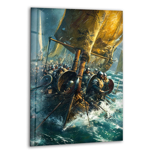 Layering the chaos of battle, this glass wall art decor captures the storm, longships, and warriors in a dynamic ocean scene with depth and intensity.