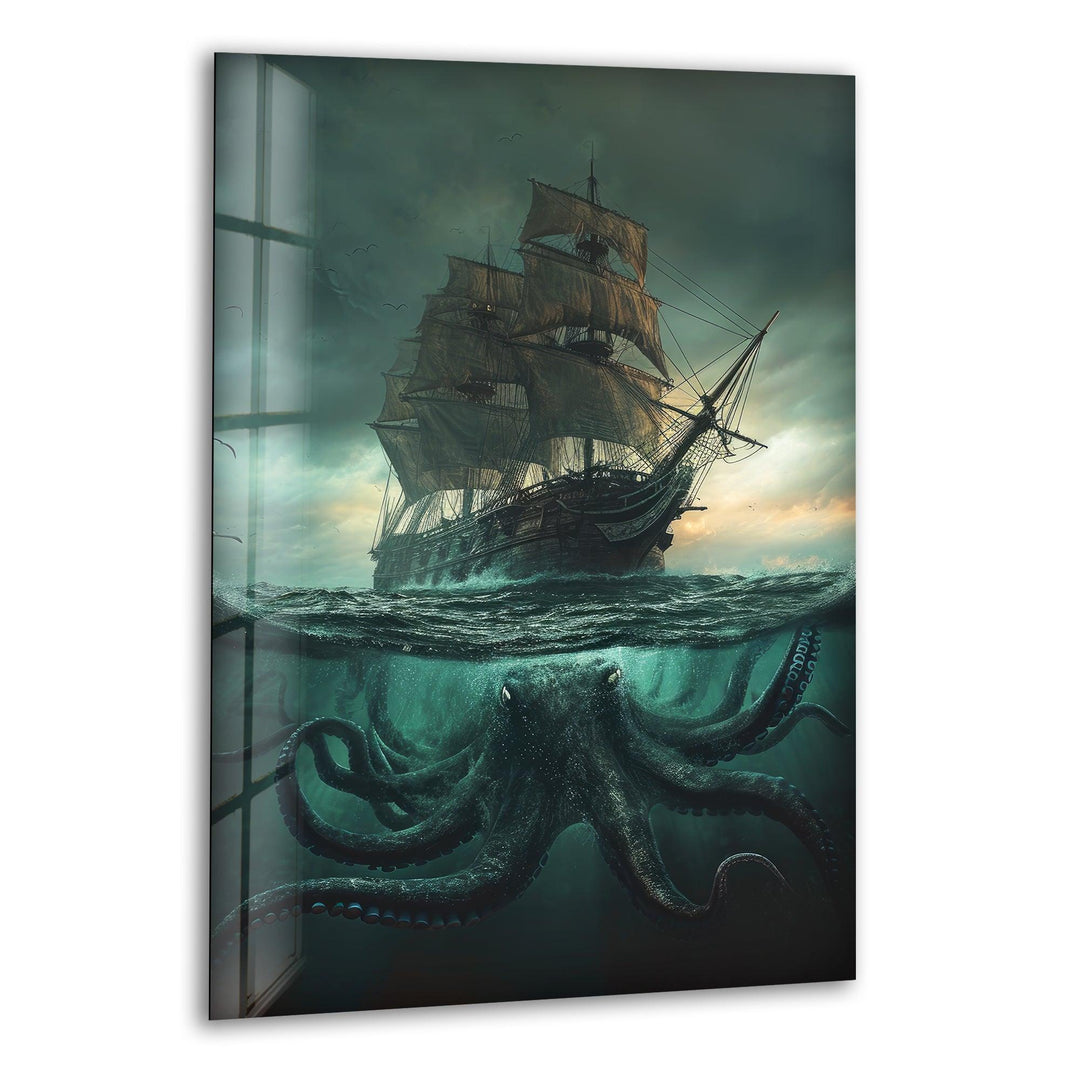 Kraken & Ship Glass Wall Art glass art painting, glass art for the Wall
