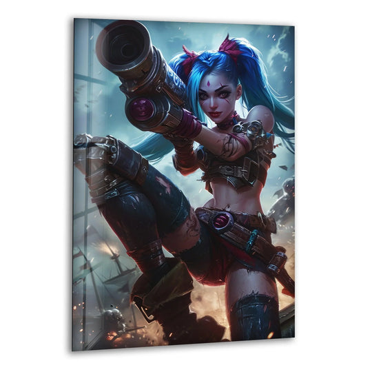 Dramatic light and shadow enhance the rebellious energy of this blue-haired character wielding a cannon, showcased as vibrant glass wall prints.