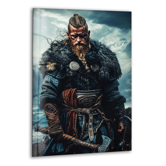 Showcasing depth and layers, this Vikings glass wall art features a formidable Norse warrior, adding a piece of unique modern wall decor.