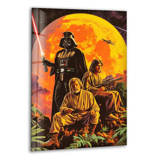 Vertical rectangular hanging wall art displays a retro space warriors sci-fi poster in a sleek, frameless design made of clear glass.