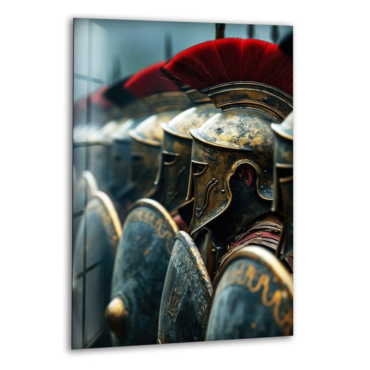 Crimson plumes atop the helmets grab attention as the loudest element in this Spartans glass print wall art showcasing a legion of warriors in battle armor.