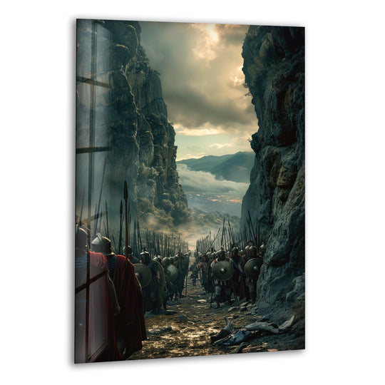 Hazy clouds above the rocky canyon are the softest element, as they backlight the Spartacus print wall art depicting marching soldiers.