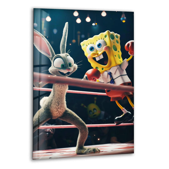 Focusing on the abstract quality, the cartoon boxing match glass wall art shows a bizarre and stylized energy in the characters, with each element adding to the dynamism of the glass art.