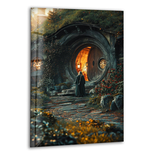 Round, moss-covered doorway and the winding stone path create organic forms that bring enchanting detail to this woodland cottage fantasy print wall art.