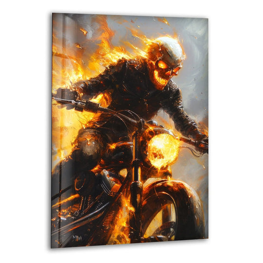 Enveloping the motorcycle's engine, the darkest area accentuates the intense flames in this flaming skull rider, creating a striking piece of glass wall art decor.
