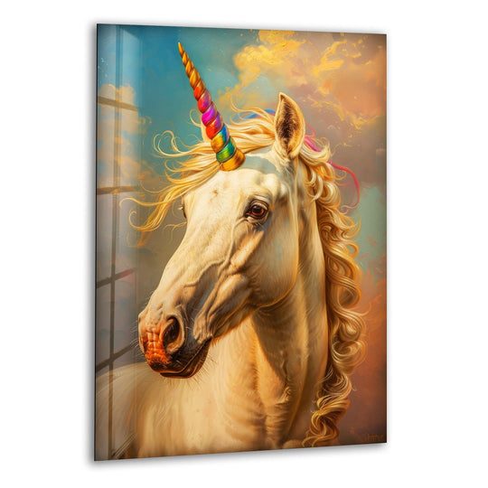 The flowing mane and wind-whipped unicorn horn create a sense of magical movement in this glass printing.