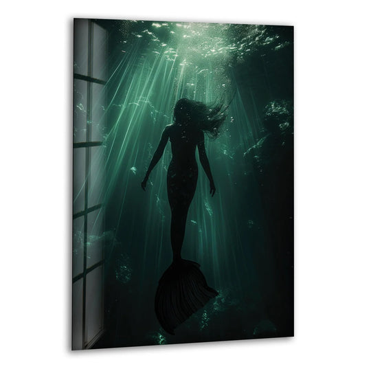 A silhouette of a mythical siren swims in the deep ocean, illuminated by sunbeams, presented as elegant home decor on tempered glass.