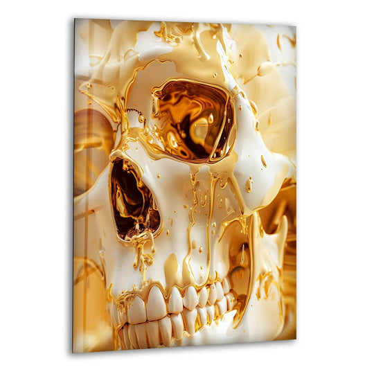 Golden liquid drips and flows dynamically across a skeletal form in this captivating art from glass.