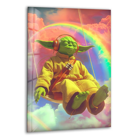 Tempered art from glass ensures a vibrant, high-quality finish on this Green Sage Swinging Rainbow Dream Sky glass wall art.