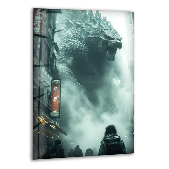 Captured mid-stride, the giant monster's ascent in the city fog is palpable in this dynamic sci-fi glass wall artwork.
