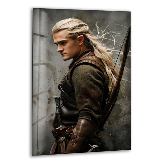 Dominant shades of blonde and brown define this blonde archer warrior portrait fantasy glass wall art prints, showcasing the archer's fantasy details.