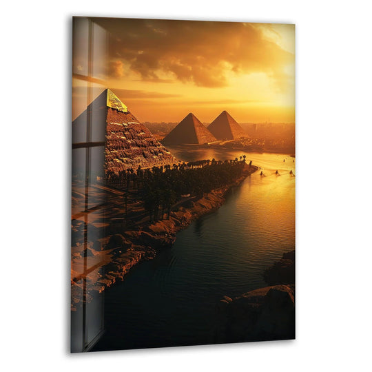 Sunlight shimmers across the Nile in this pyramids Egyptian glass wall artwork, creating an inviting sense of movement in this scenic vista.
