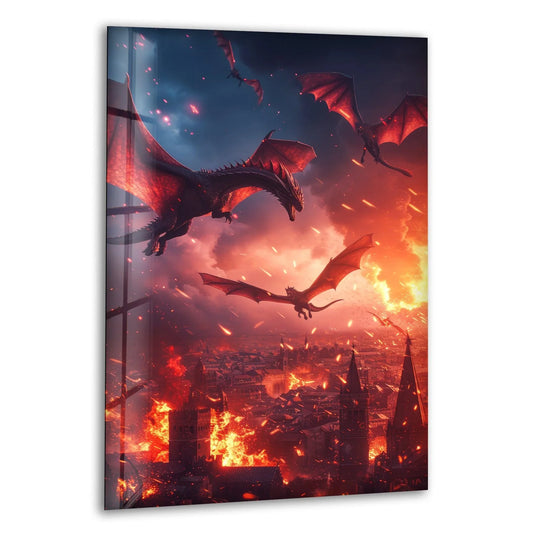 Glowing embers highlight the fiery destruction of a city beneath flying fire dragons in this fantasy glass art painting.