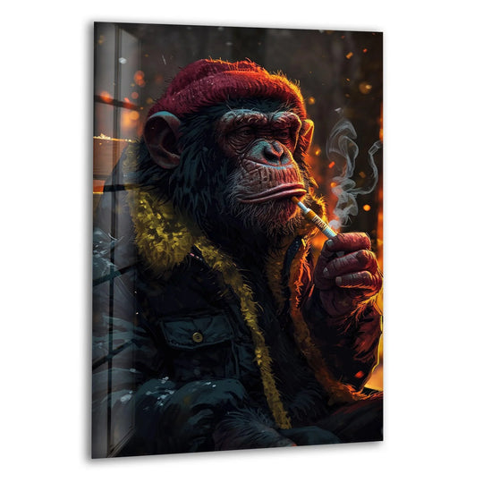 The darkest area of this glass wall art prints depicts a brooding chimpanzee in a red beanie, exhaling smoke from a cigar.