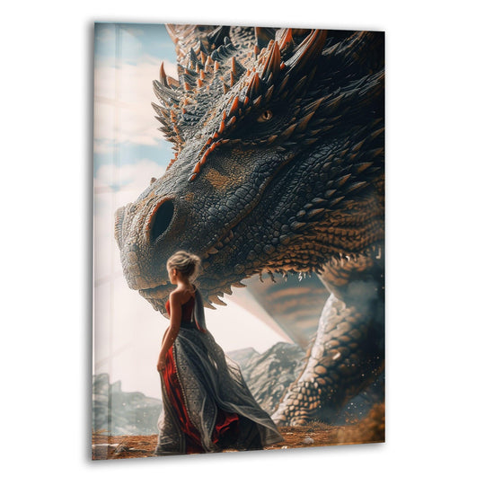 With intense color saturation, the print wall art captures a dramatic scene with a woman in a red dress facing a large, detailed dragon, set against a hazy, mountainous backdrop.