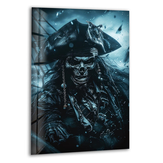 The focal point showcases striking art from glass in the skeleton pirate captain wall art, capturing a dark, stormy sea scene.
