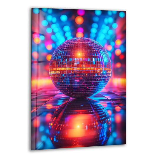 A disco ball on a reflective surface in vibrant blue and pink hues, captured with the glossy finish of wall prints.