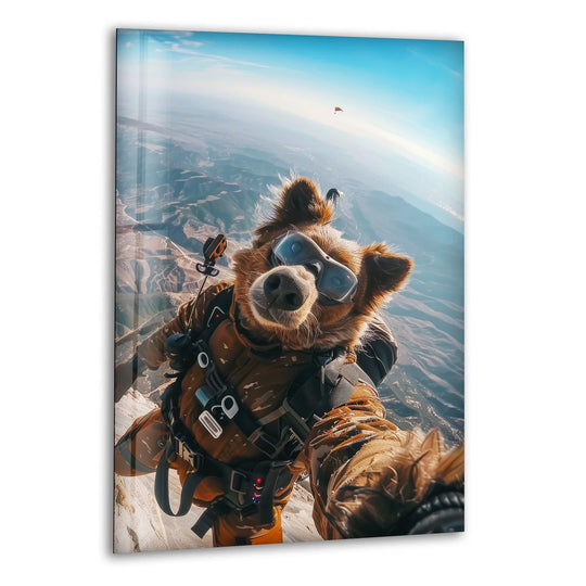 A whimsical bear wearing goggles skydives in this adventurous glass wall artwork.