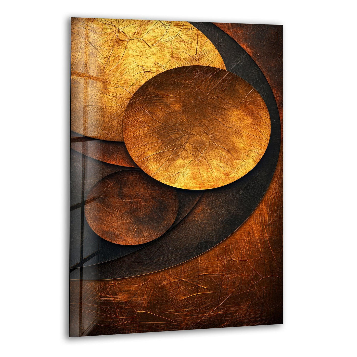 Bronze art deco geometric motifs glass wall art decor with overlapping circular layers creating a sense of depth.