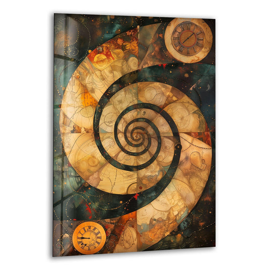 A mesmerizing spiral of vintage clocks and celestial maps adorns this tempered glass wall art.