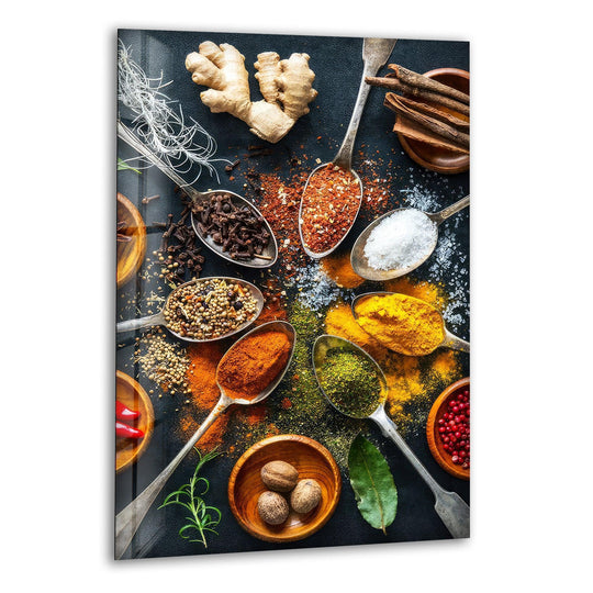 Vibrant Indian spices displayed on a dark surface as stunning glass wall art perfect for kitchen decor with a glossy vertical orientation.