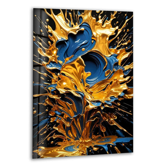 Highly detailed glass printing of abstract golden and sapphire blue liquid splashes frozen mid-air against a black background.