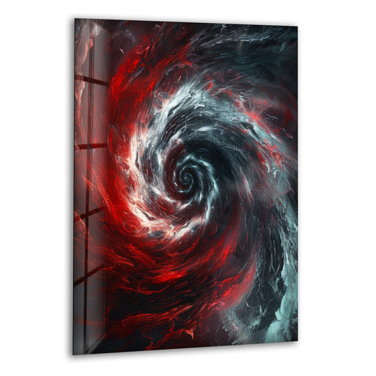 A striking glass wall art piece captures the realistic detail of a red and black swirling vortex.