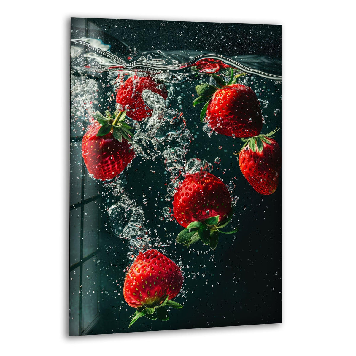 Highlighting the transition between the deep black background and vibrant red strawberries, this glass wall art adds a fresh and colorful touch to any home decor.
