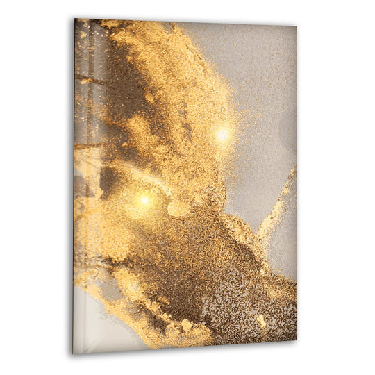 Abstract glass wall art featuring shimmering gold ink against a pale background, creating unique modern wall decor.
