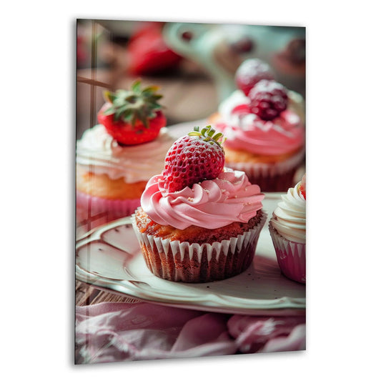 Vertical glass wall art depicting strawberry cupcakes with pink frosting on a decorative plate perfect for kitchen or dining room decor.