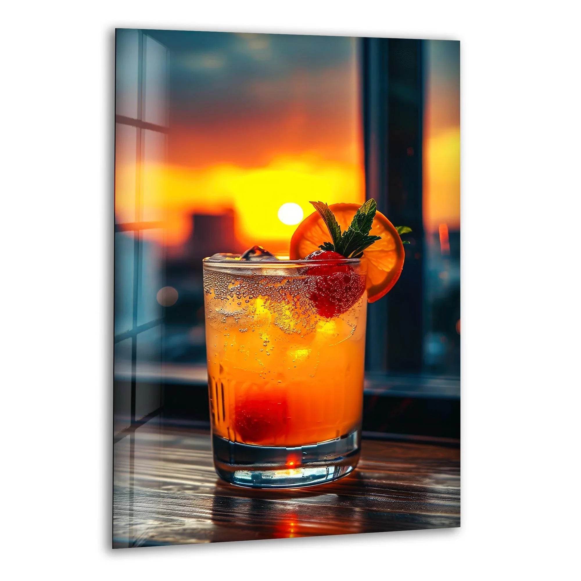 Vibrant orange and yellow sunset reflected in a glass of cocktail glass wall art with a glossy finish and vertical orientation.