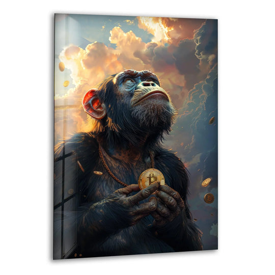Bitcoin monkey art from glass captures a sense of floating movement as coins drift through dramatic, swirling clouds.