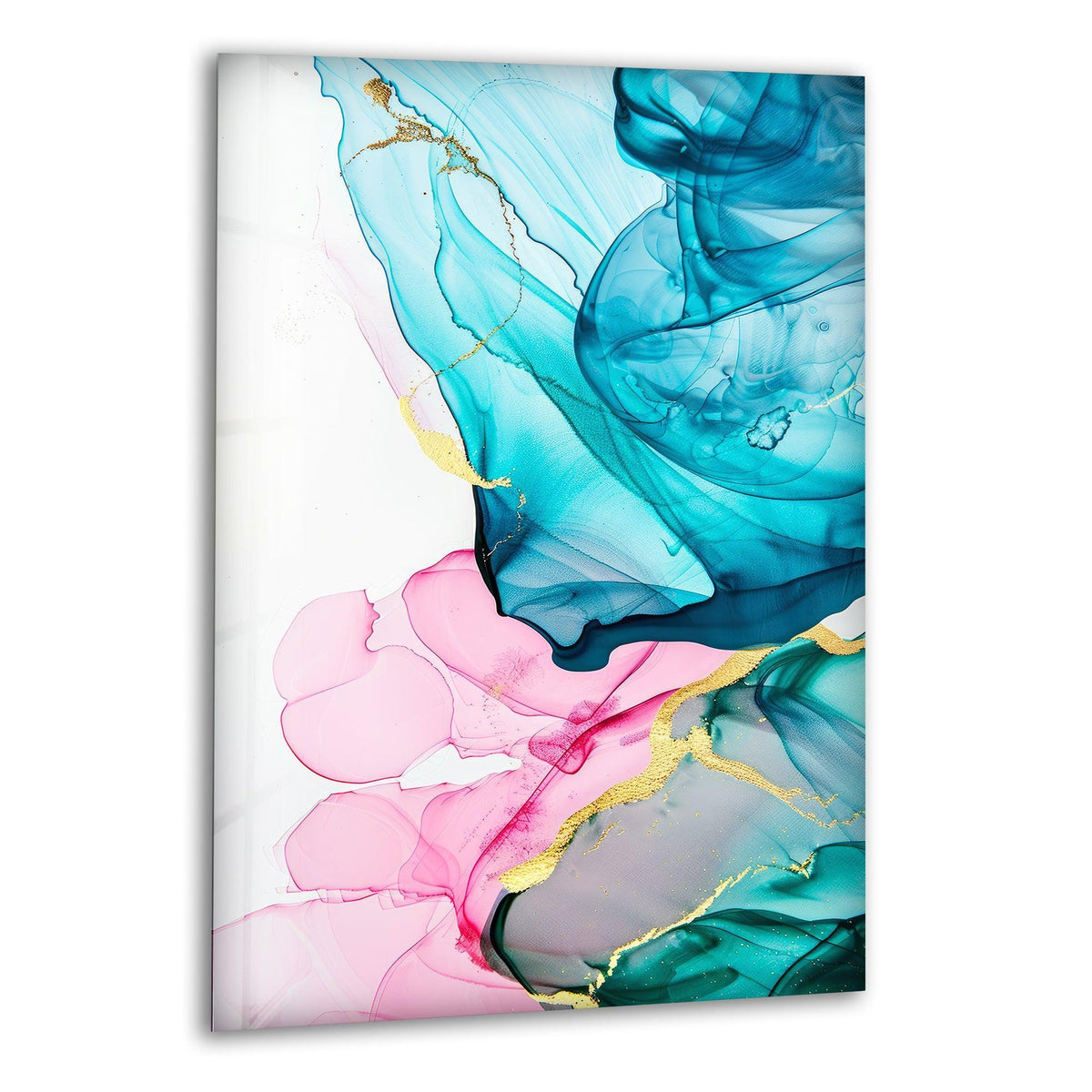 A serene mood emanates from this hanging wall art, featuring fluid strokes of turquoise, pink, and gold.