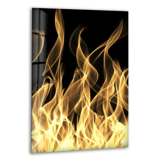 A polished edge reveals the depth of this burning fire glass art painting with abstract golden flames.