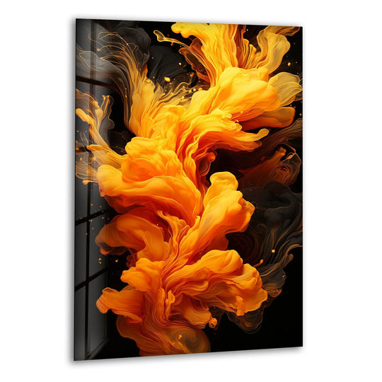 Abstract yellow and black pigment ink swirls create dynamic wall prints on glass.