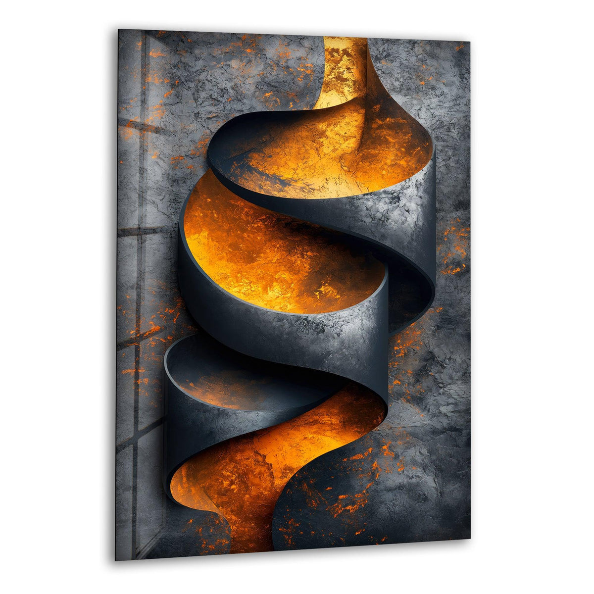 Textured gray background with faint orange speckles and subtle grid pattern complements the surreal metal and copper stripes glass wall art.